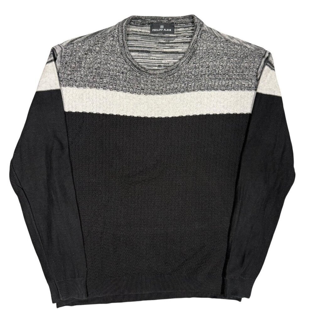 Philipp Plein‎ Knit Sweater Textured Black/Grey Cotton Stretch Large